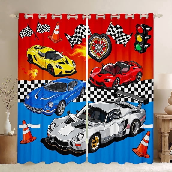 Castle Fairy Cartoon Racing Car Black Out Curtains for Boys, Checkered Flag Design Curtains Pack of 2 (42x63 Each) for Bedroom, Red Yellow