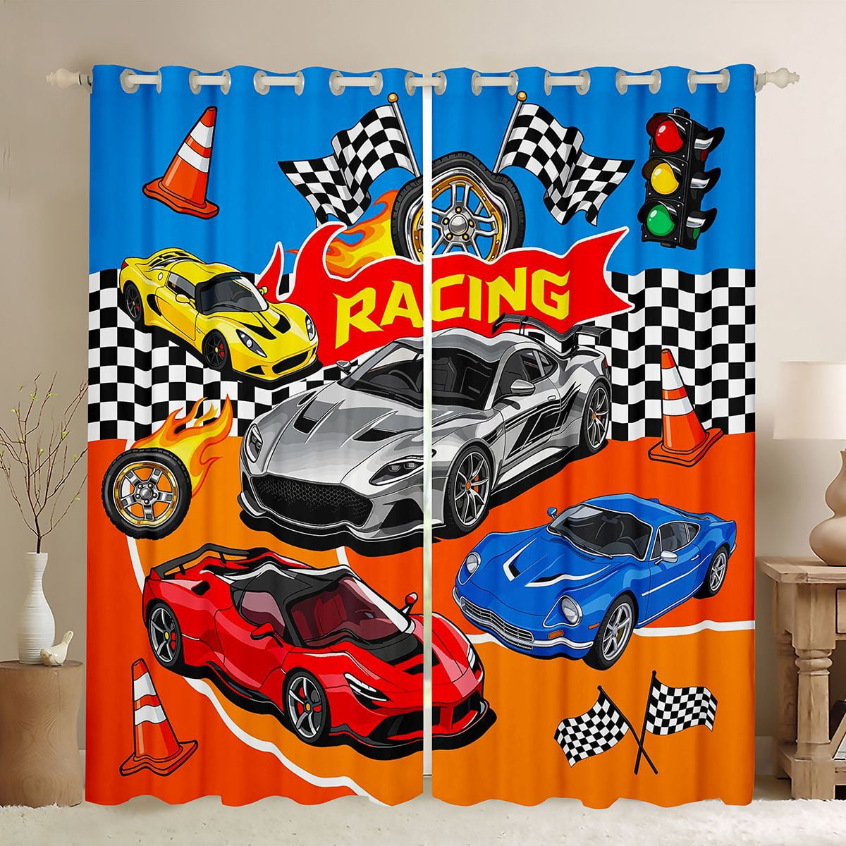 Castle Fairy Cartoon Racing Car Black Out Curtains for Teens, Race Cone ...