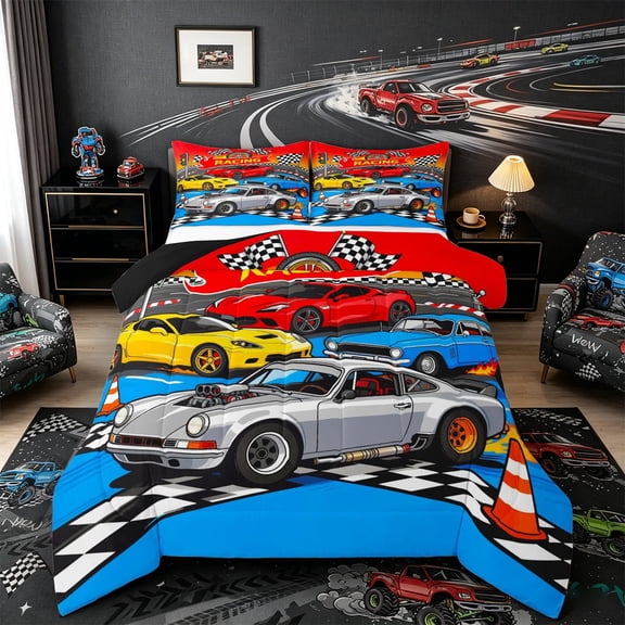 Castle Fairy Cartoon Racing Car Queen Comforter Set 3pcs for Kids, Race Track Art Bedding Comforter Set for Bedroom, Blue Red,Black Reversible