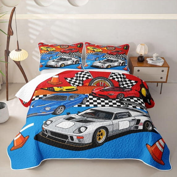 Castle Fairy Cartoon Racing Car Quilt King for Boys,Checkered Flag Design King Coverlet Set for Bedroom,Red Yellow