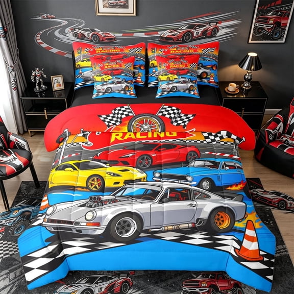 Castle Fairy Cartoon Racing Car Twin Bedding Sets 7-Piece for Kids, Race Track Art Bedding Comforter Set for Bedroom, Blue Red,Black Reversible