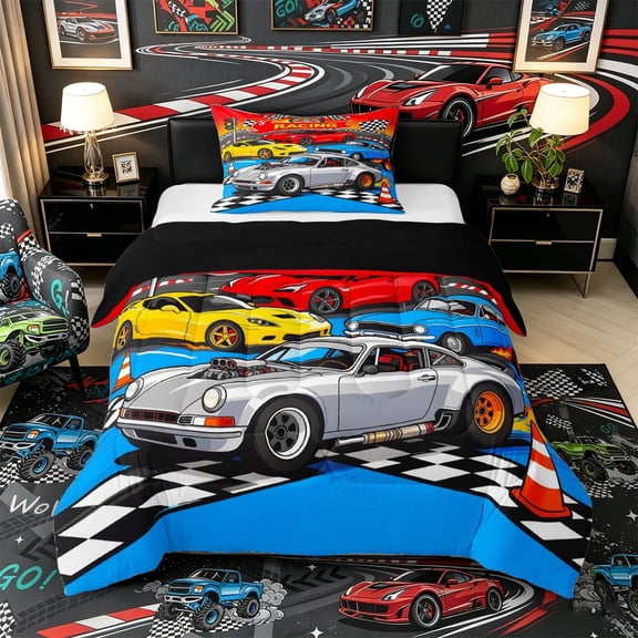 Castle Fairy Cartoon Racing Car Twin Comforter Sets 3-Piece for Kids,Race Track Bedding Set,Blue Red,Black Reversible
