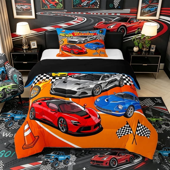 Castle Fairy Cartoon Racing Car Twin Comforter Sets 3-Piece for Teens, Race Cone Print Bedding Set for Bedroom, Blue Orange,Black Reversible