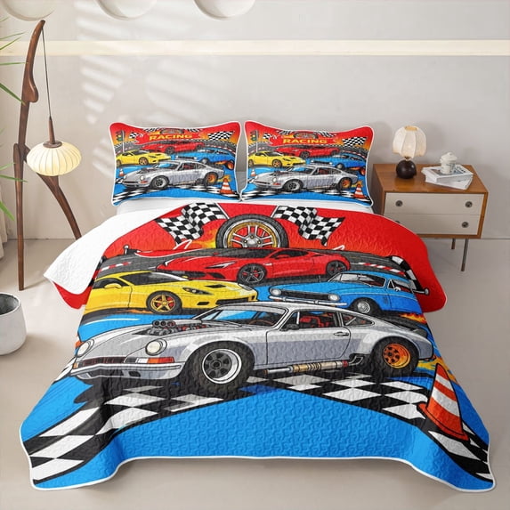 Castle Fairy Cartoon Racing Car Twin Quilt Set,Race Track Art Twin Coverlet Set for Bedroom,Blue Red
