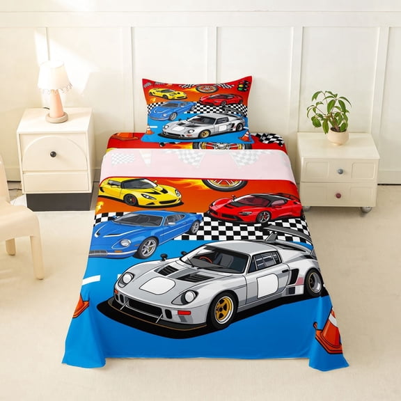 Castle Fairy Cartoon Racing Car Twin Sheet Sets 3pcs for Boys, Checkered Flag Design Bedding for Bedroom, Red Yellow