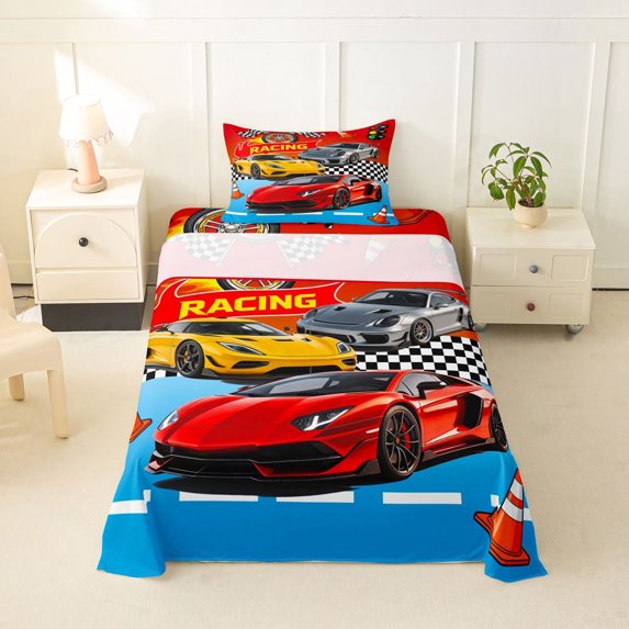 Castle Fairy Cartoon Racing Car Twin Sheet Sets 3pcs for Boys, Race Flag Print Bedding for Bedroom, Blue Red