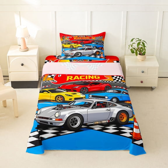Castle Fairy Cartoon Racing Car Twin Sheet Sets 3pcs for Kids, Race Track Art Bedding for Bedroom, Blue Red