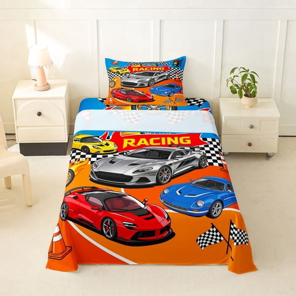 Castle Fairy Cartoon Racing Car Twin Sheet Sets 3pcs for Teens, Race Cone Print Bedding for Bedroom, Blue Orange
