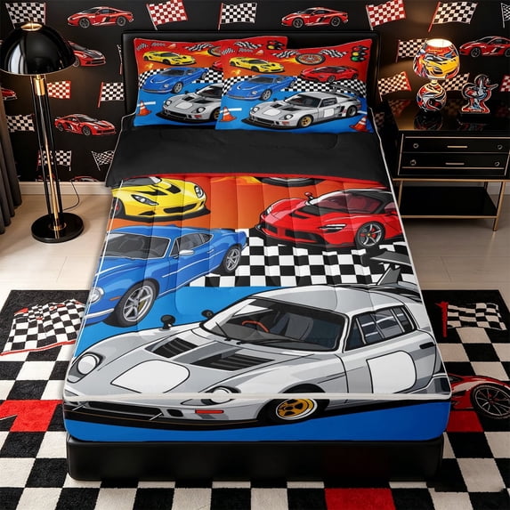 Castle Fairy Cartoon Racing Car Zipper Full Size Comforter Sets with Fitted Sheet and 2 Pillowcases for Boys,Checkered Flag Design Zipper Bedding Set for Bedroom,Red Yellow,4pcs,Black Reversible