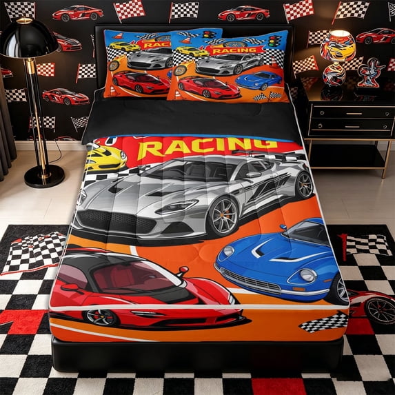 Castle Fairy Cartoon Racing Car Zipper Twin Comforter Sets with Fitted Sheet and 2 Pillowcases,Race Cone Print Zipper Bedding Set for Bedroom,Blue Orange,4-Piece,Black Reversible