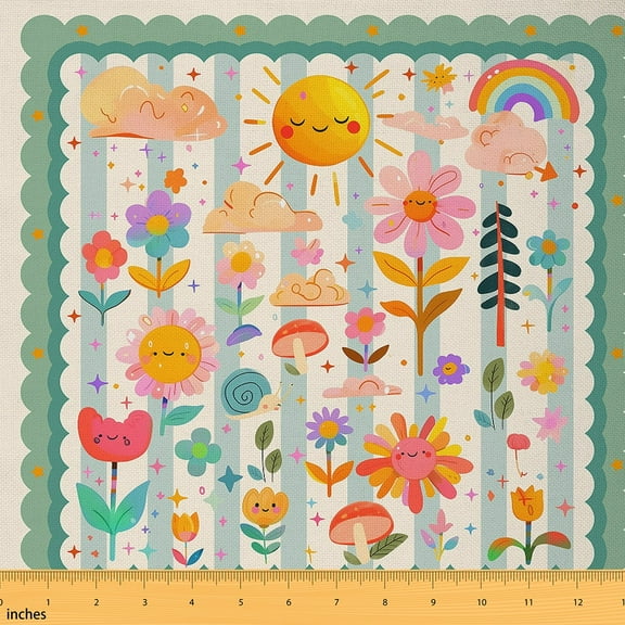 Castle Fairy Cartoon Rainbow Fabric by the Yard 2 Yards,Kawaii Flower Room Decor Fabric by the Yard,Geometric Stripes Sewing Fabric,Breathable Home Decor