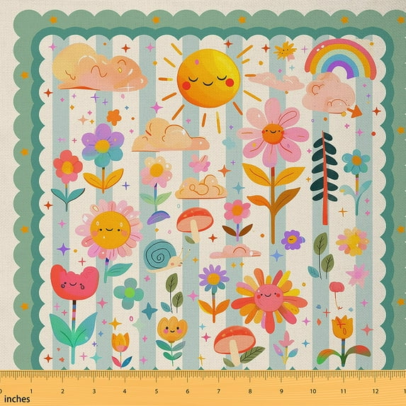 Castle Fairy Cartoon Rainbow Fabric by the Yard 3 Yards,Kawaii Flower Sewing Fabric,Geometric Stripes Fabric for Sewing,Breathable Home Decor