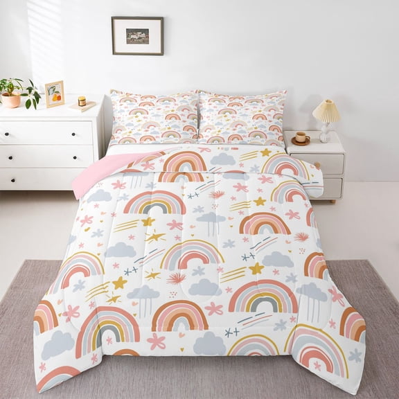Castle Fairy Cartoon Rainbow Queen Comforter Set,Kawaii Starry Sky Bedding Comforter Set