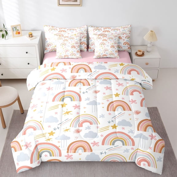 Castle Fairy Cartoon Rainbow Twin Bedding Sets,Kawaii Starry Sky Bedding Comforter Set
