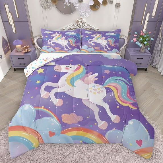 Castle Fairy Cartoon Rainbow Unicorn Bedding Comforter Set 2pcs for Preppy Child Girls,Kawaii Animal Twin Comforter Sets Microfiber,Starry Sky Breathable Bedding Set,Microfiber Bedroom Decor