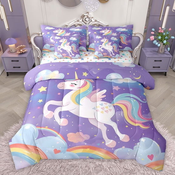 Castle Fairy Cartoon Rainbow Unicorn Twin Bedding Sets 7-Piece for Preppy Child Girls,Kawaii Animal Bedding Comforter Set Microfiber,Starry Sky Breathable Sheet Sets,Microfiber Bedroom Decor