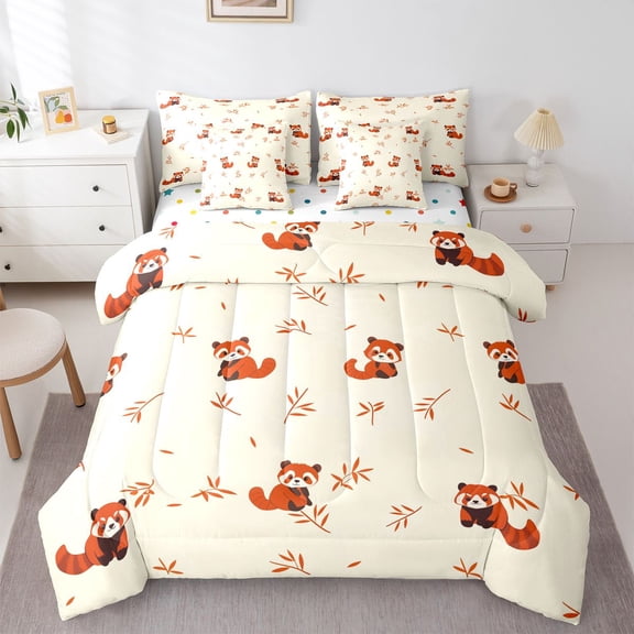 Castle Fairy Cartoon Red Panda Bedding Comforter Set,Tree Leaves King Bedding Sets