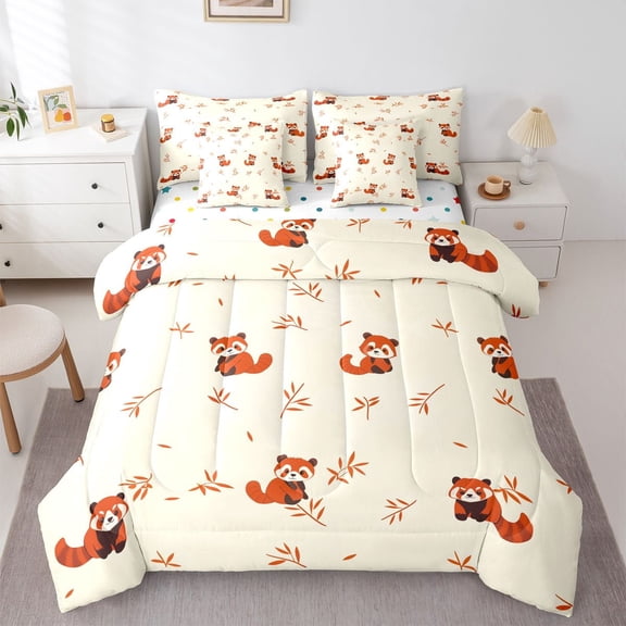 Castle Fairy Cartoon Red Panda Twin Bedding Sets,Tree Leaves Bedding Comforter Set