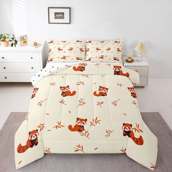 Castle Fairy Cartoon Red Panda Twin Comforter Sets for Boys Girls,Tree Leaves Bedding Set