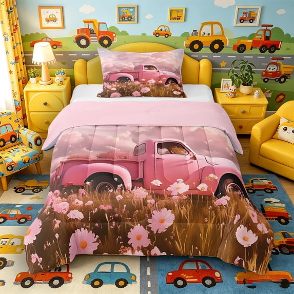 Castle Fairy Cartoon Rescue Vehicle Twin Comforter Sets 3-Piece for Kids, Cute Fire Police Ambulance Bedding Set for Bedroom, Light Blue,Pink Reversible