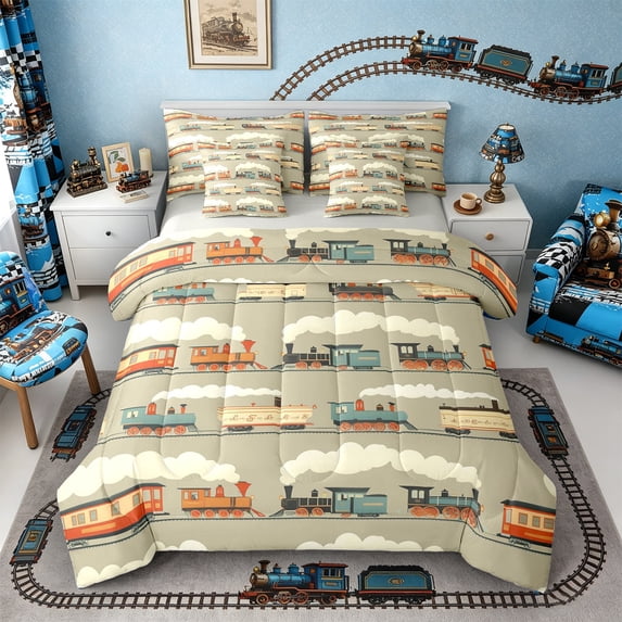 Castle Fairy Cartoon Retro Steam Train Bedding Comforter Set 7 Pieces for Toddlers, Soft Cloud Locomotive Full Bedding Set for Bedroom, Warm Gray,Grey Reversible