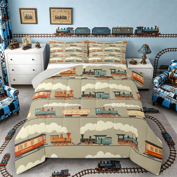 Castle Fairy Cartoon Retro Steam Train Queen Comforter Set 3pcs for Toddlers, Soft Cloud Locomotive Bedding Comforter Set for Bedroom, Warm Gray,Grey Reversible