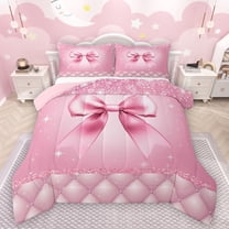 Castle Fairy Cartoon Ribbon Bow Bedding Comforter Set 2pcs for Kids Children Teens,Bling Pink Glitter Twin Comforter Sets Microfiber,Geometric Plaid Breathable Bedding Set,Ultra Soft Home Decor