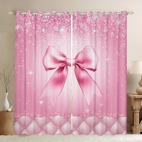Castle Fairy Cartoon Ribbon Bow Black Out Curtains for Kids Children Teens,Bling Pink Glitter Curtains Pack of 2 (42x63 Each),Geometric Plaid Bedroom Curtains,Ultra Soft Home Decor