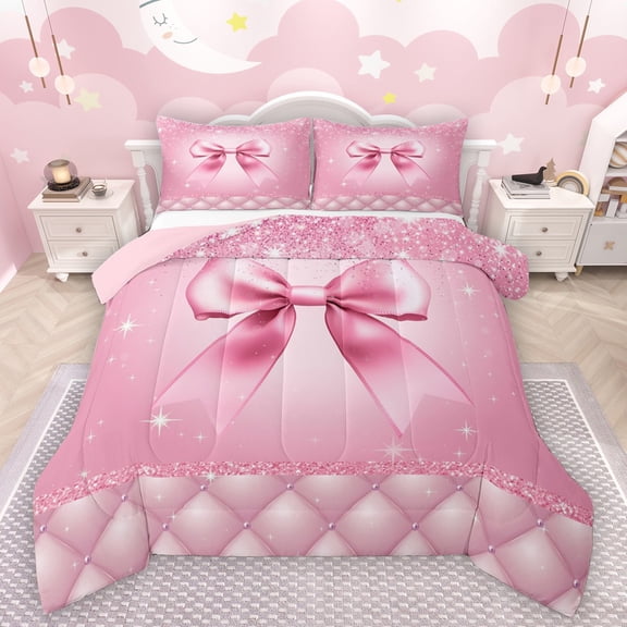 Castle Fairy Cartoon Ribbon Bow Full Size Comforter Sets 3-Piece for Kids Children Teens,Bling Pink Glitter Bedding Comforter Set,Geometric Plaid Lightweight Bedding Sets,Ultra Soft Home Decor