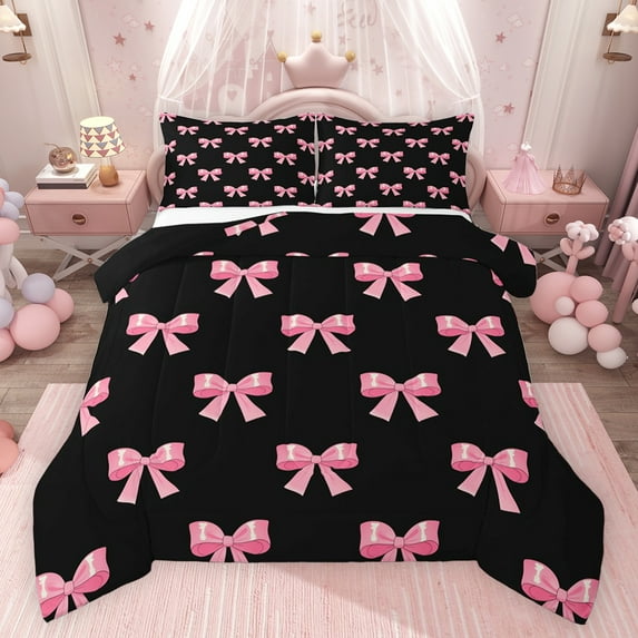 Castle Fairy Cartoon Ribbon Bow Girl Bedding Comforter Set 2pcs,Dreamy Princess Twin Comforter Sets Microfiber,Kawaii Bowknot Breathable Bedding Set,Super Cozy Room Decor,Reversible