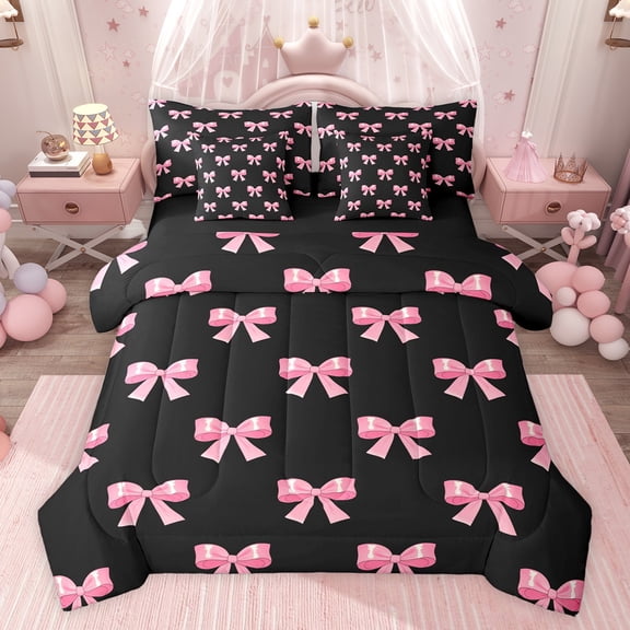 Castle Fairy Cartoon Ribbon Bow Girl Twin Bedding Sets 7-Piece,Dreamy Princess Bedding Comforter Set Microfiber,Kawaii Bowknot Breathable Sheet Sets,Super Cozy Room Decor,Reversible