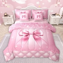 Castle Fairy Cartoon Ribbon Bow Twin Bedding Sets 7-Piece for Kids Children Teens,Bling Pink Glitter Bedding Comforter Set Microfiber,Geometric Plaid Breathable Sheet Sets,Ultra Soft Home Decor