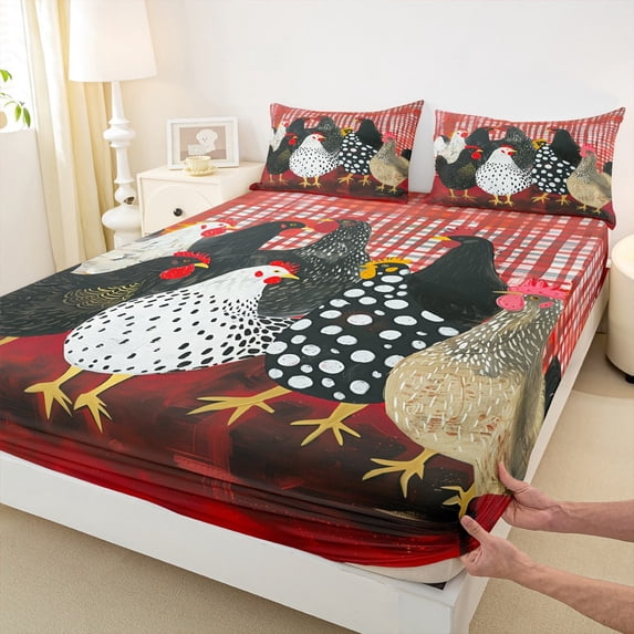 Castle Fairy Cartoon Rooster 3pcs Twin Sheet Sets,Kawaii Animal Twin Fitted Sheet,Geometric Plaid Breathable Flat Sheet,Breathable Cute Home Decor