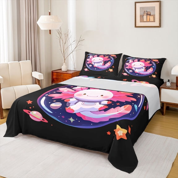 Castle Fairy Cartoon Salamander Astronaut Bed Sheets,Kawaii Axolotl King Sheets