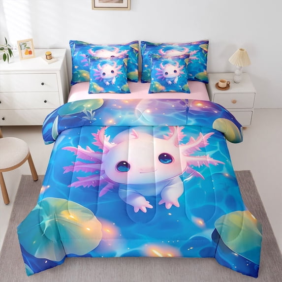Castle Fairy Cartoon Salamander Twin Bedding Sets,Animal Axolotl Bedding Comforter Set