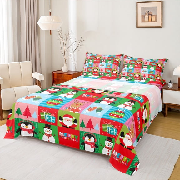 Castle Fairy Cartoon Santa Claus Snowman Twin Sheet Sets 3pcs for Kids Child,Xmas Penguin Deer Twin Fitted Sheet Microfiber,Merry Christmas Breathable Flat Sheet,Geometric Plaid Room Decor