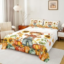 Castle Fairy Cartoon Scarecrow 3Pcs Twin Sheet Sets for Children Teens,Nature Pumpkin Sunflower Twin Fitted Sheet,Rustic Autumn Harvest Breathable Flat Sheet,Lightweight Room Decor