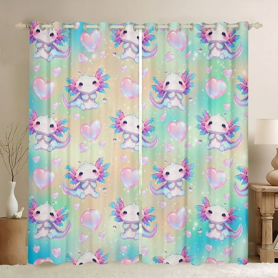 Castle Fairy Cartoon Sea Axolotl Salamander Black Out Curtains for Kids Boys Girls,Bling Love Heart Print Curtains Pack of 2 (42x63 Each),Gradient Rainbow Bedroom Curtains,Lightweight Room Decor