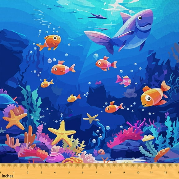 Castle Fairy Cartoon Sea Fish Fabric by the Yard 10 Yards for Kids, Colorful Underwater World Home Decor Fabric by the Yard, Coastal Starfish Sewing Fabric