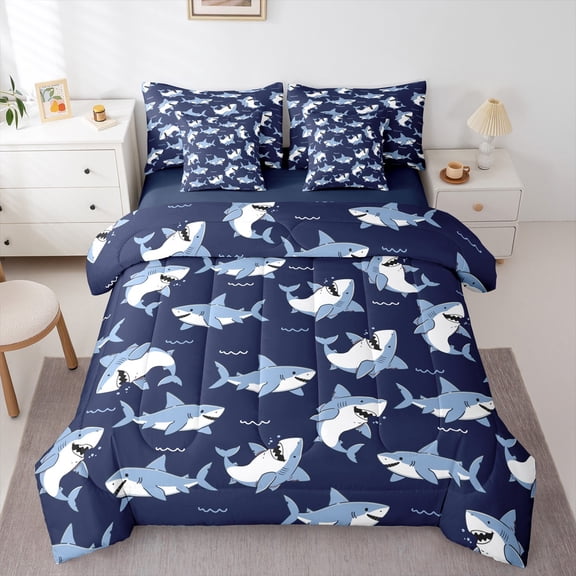 Castle Fairy Cartoon Shark Bedding Comforter Set 7 Pieces for Boys Girls,Cute Sea Animal Full Bedding Set Lightweight,Kawaii Ocean Wildlife Fitted Sheet Flat Sheet,Ultra Soft Home Decor,Reversible