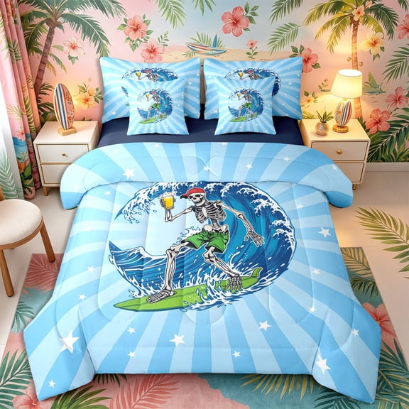 Castle Fairy Cartoon Skeleton Surfer 7-Piece Twin Bedding,Beer Wave Starburst Beach Graphic Bedding Comforter Set,Sky Blue,Navy Blue Reversible