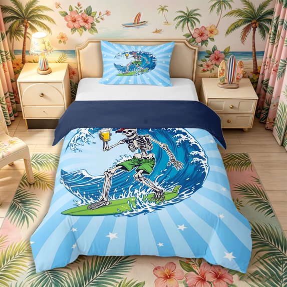 Castle Fairy Cartoon Skeleton Surfer Twin Duvet Cover,Beer Wave Starburst Beach Graphic Twin Bedding,Sky Blue,Navy Blue Reversible,2pcs,No Comforter,1 Duvet Cover and 1 Pillowcase