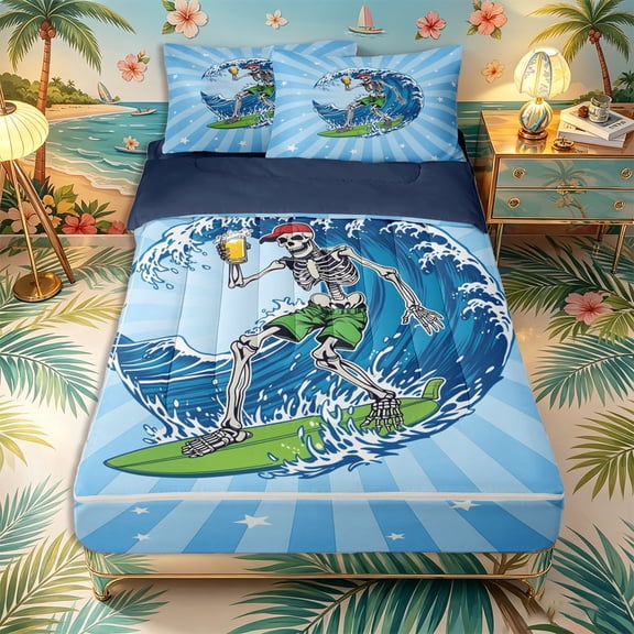 Castle Fairy Cartoon Skeleton Surfer Zipper Twin Comforter Sets with Fitted Sheet and 2 Pillowcases,Beer Wave Starburst Beach Graphic Zipper Bedding Set,Sky Blue,Navy Blue Reversible,4-Piece