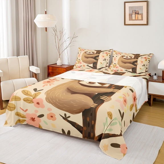 Castle Fairy Cartoon Sloth 4pcs Bed Sheets for Kids Teens,Kawaii Flowers Animal King Sheets,Dreamy Princess Super Cozy Sheet Set,Luxury Bedroom Decor