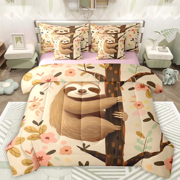 Castle Fairy Cartoon Sloth Bedding Comforter Set 7-Piece for Kids Teens,Kawaii Flowers Animal King Bedding Sets,Dreamy Princess Ultra Soft Bed Sheets,Luxury Bedroom Decor,Reversible