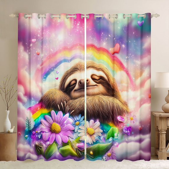Castle Fairy Cartoon Sloth Black Out Curtains,Rainbow Curtains Pack of 2 (42x63 Each)
