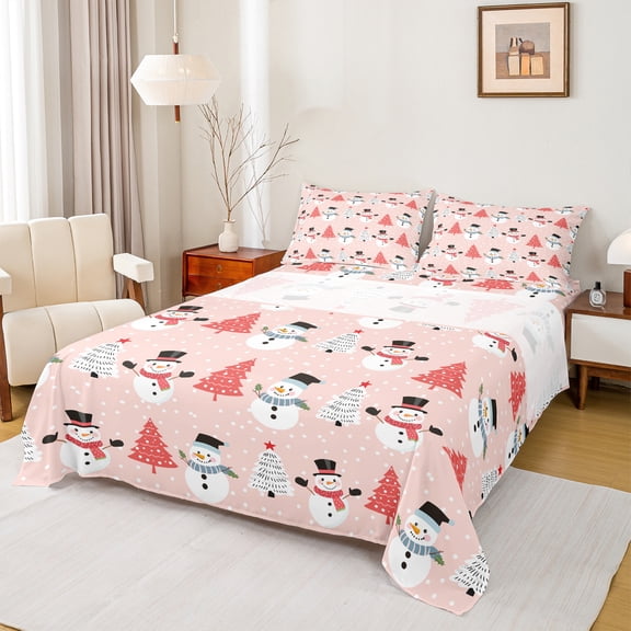 Castle Fairy Cartoon Snowman 3Pcs Twin Sheet Sets for Teens Women Men,Merry Christmas Xmas Twin Fitted Sheet,Xmas Tree Breathable Flat Sheet,Polka Dots Bedroom Decor