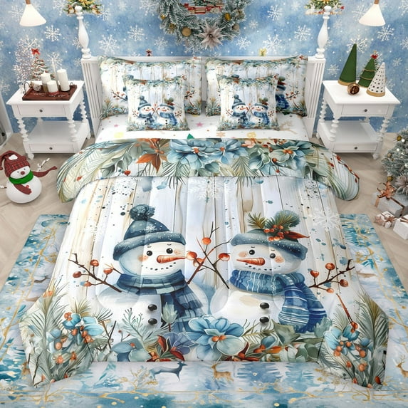 Castle Fairy Cartoon Snowman 7-Piece Twin Bedding Sets for Teens Girls Boys,Merry Christmas Xmas Bedding Comforter Set,Rustic Cabin Breathable Sheet Sets,Luxury Bedroom Decor