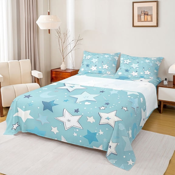 Castle Fairy Cartoon Stars Print 4 Pieces Queen Sheet Sets for Kids Children Teens,Dreamy Princess Ultra Soft Flat Sheet,Blue White Queen Fitted Sheet,Breathable Home Decor