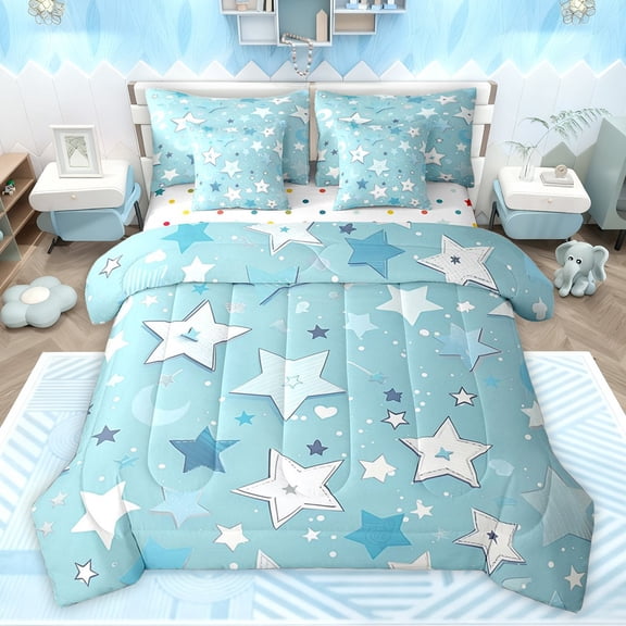 Castle Fairy Cartoon Stars Print Bedding Comforter Set 7-Piece for Kids Children Teens,Dreamy Princess King Bedding Sets,Blue White Ultra Soft Bed Sheets,Breathable Home Decor,Reversible